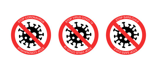 red stop signs with coronavirus bacteria on white background