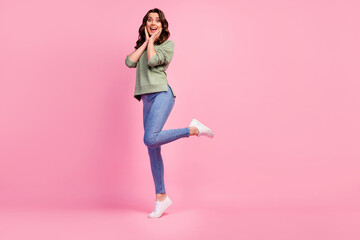 Full body photo enthusiastic astonished girl look good wonderful black friday bargain information...