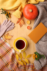 autumn flatland in the style of a Scandinavian hugg with hot tea, coffee, yellow leaves, cozy knitwear, a book, a pumpkin and gloves, moc up, vertical, social networks, story