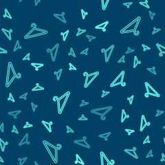 Green line Hanger wardrobe icon isolated seamless pattern on blue background. Cloakroom icon. Clothes service symbol. Laundry hanger sign. Vector Illustration.