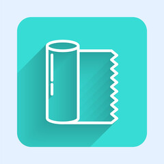 White line Textile fabric roll icon isolated with long shadow. Roll, mat, rug, cloth, carpet or paper roll icon. Green square button. Vector Illustration.