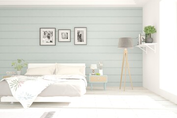 White stylish minimalist bedroom. Scandinavian interior design. 3D illustration