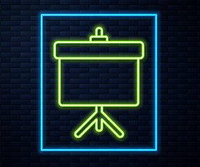 Glowing neon line Presentation board with graph, schedule, chart, diagram, infographic, pie graph icon isolated on brick wall background. Vector Illustration.