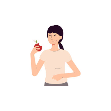 Cartoon woman eating red apple - young girl chewing healthy fruit