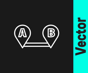 White line Route location icon isolated on black background. Map pointer sign. Concept of path or road. GPS navigator. Vector Illustration.