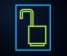Glowing neon line Open padlock icon isolated on brick wall background. Opened lock sign. Cyber security concept. Digital data protection. Vector Illustration.