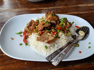 Asiatisches Mittagessen mit Fleisch und Reis