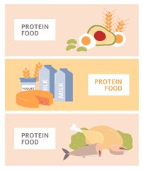 Set of banners with high protein food products, flat vector illustration.
