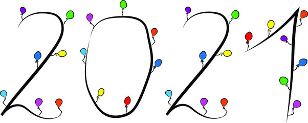 2021. Arabic numerals. Happy New Year and merry Christmas. Bright festive font. Black outline and bright colored balloons. The atmosphere of fun and celebration. Children's celebration