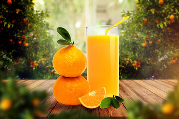 Fresh glass of orange juice, stack of Orange with leaves on wooden on warm light. orange trees with fruits background. Nature drinks.