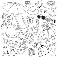 Set of black outline objects on a white background, flat summer vector