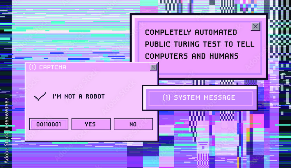 Leinwandbilder Concept of  CAPTCHA — Completely Automated Public Turing test to tell Computers and Humans Apart. Glitched screen with pixel noise and message boxes.