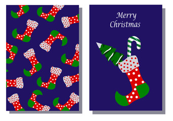 Set of two cards merry christmas template. Christmas sock and walking stick with a Christmas tree. Vector illustration on a blue background.