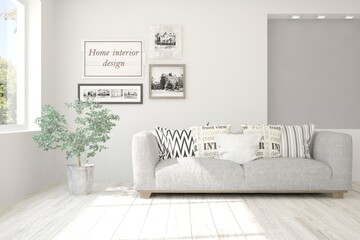 White stylish minimalist room with sofa. Scandinavian interior design. 3D illustration