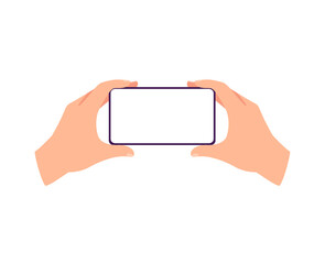 Horizontally placed in hands mobile phone flat vector illustration isolated.