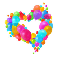 Colorful balloons flying in heart shape