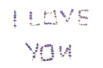 Words "I love you" from lavender flowers isolated on white background.