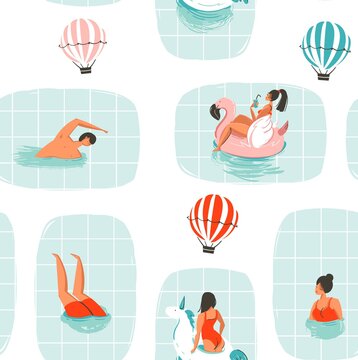 Hand drawn vector abstract cartoon summer time fun illustration seamless pattern with swimming people in swimming pool with hot air balloons isolated on white background