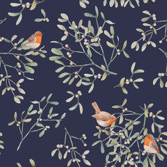 Materiał do szycia Beautiful seamless pattern with watercolor mistletoe plant leaves with robin birds. Stock illustraqtion.