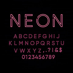 Neon light modern font. English alphabet and numbers sign.