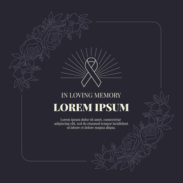 funeral card banner with ribbon sign and text in abstract line Floral rose frame on black background vector design
