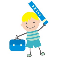 Boy with school bag and math textbook, vector illustration