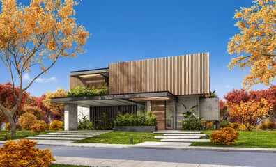 Fototapeta na wymiar 3d rendering of modern cozy house with parking and pool for sale or rent with wood plank facade and beautiful landscaping on background. Clear sunny autumn day with golden leaves anywhere.
