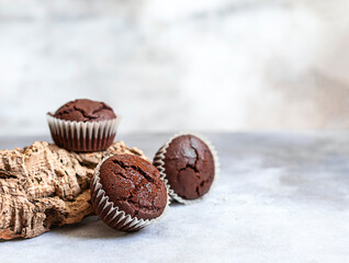 Freshly baked chocolate muffins on a light background with tree bark decor. Place for text.