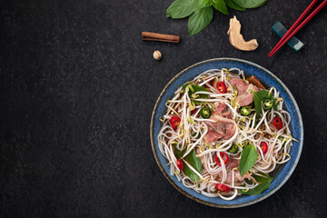meat and vegetable Vietnam noodle with chopstick food background