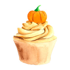 watercolor cupcake with pumpkin on Halloween