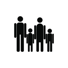 A family of four, children, parents. Vector icon, black silhouette, flat minimal design, isolated on white background, eps 10.