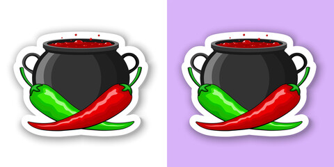 Hot mexican chili peppers. Green and red peppers on the background of a cauldron with hot simmering Mexican dish. With white outline and shadow