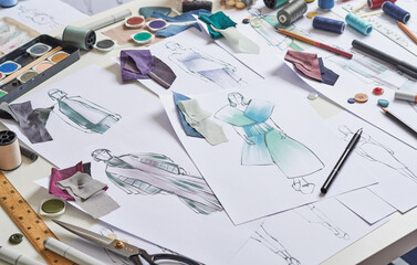Fashion designer stylish drawings sketches textile fabric material Costume. Designer creative workshop studio.