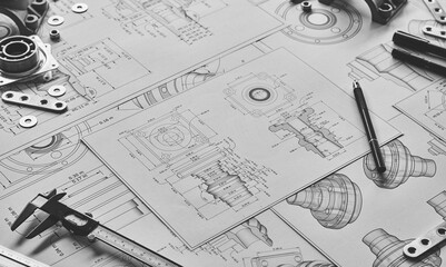 Engineer technician designing drawings mechanical parts engineering Engine.manufacturing factory...