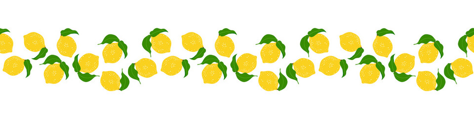 Fresh lemon seamless pattern border background design. Exotic, tropic yellow lemon and leaves