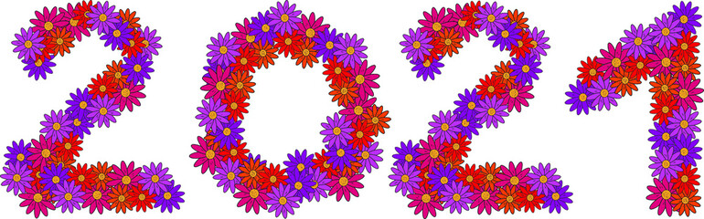 2021. Arabic numerals. Happy New Year and merry Christmas. A bright floral print. Purple, orange, pink flowers with beautiful petals. Flowering in spring and summer. Romantic festive atmosphere
