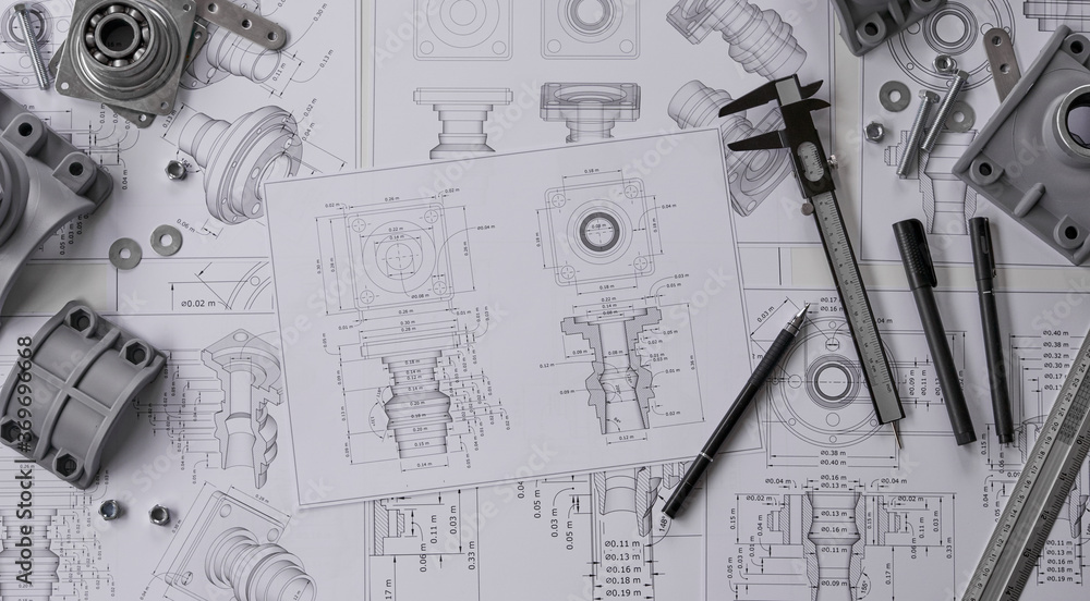 Poster engineer technician designing drawings mechanical parts engineering engine.manufacturing factory ind