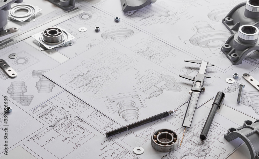 Poster engineer technician designing drawings mechanical parts engineering engine.manufacturing factory ind