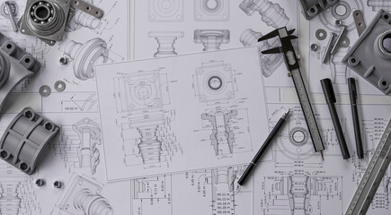 Engineer technician designing drawings mechanical parts engineering Engine.manufacturing factory...