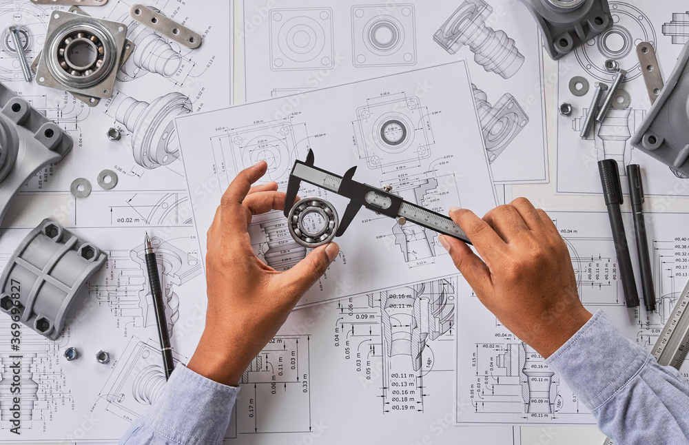Poster engineer technician designing drawings mechanical parts engineering engine.manufacturing factory ind