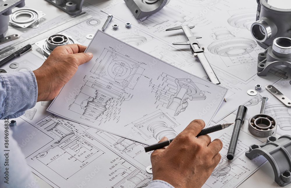 Poster engineer technician designing drawings mechanical parts engineering engine.manufacturing factory ind
