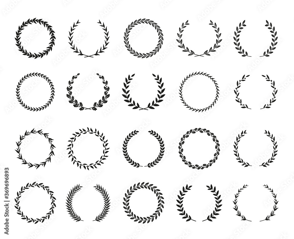 Wall mural collection of black and white circular laurel wreaths for use as design elements in heraldry on an a - Wall murals