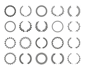 Collection of black and white circular laurel wreaths for use as design elements in heraldry on an award certificate manuscript and to symbolise victory illustration in silhouette
