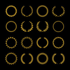 Collection of gold circular laurel wreaths for use as design elements in heraldry on an award certificate manuscript and to symbolise victory illustration in silhouette