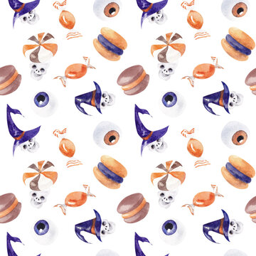 Watercolor Halloween seamless pattern . Hand painted candy eyes, macaroons,  sweets, skulls in a witch hats 