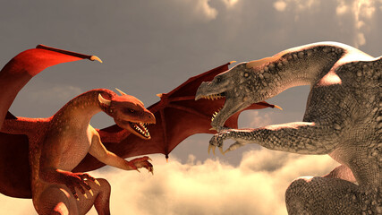 3d illustration of a Red Dragon and a White adragon fighting