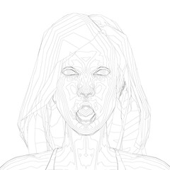 Head contour of a girl with long hair and a surprised face. The girl face with an open mouth. Front view. Vector illustration
