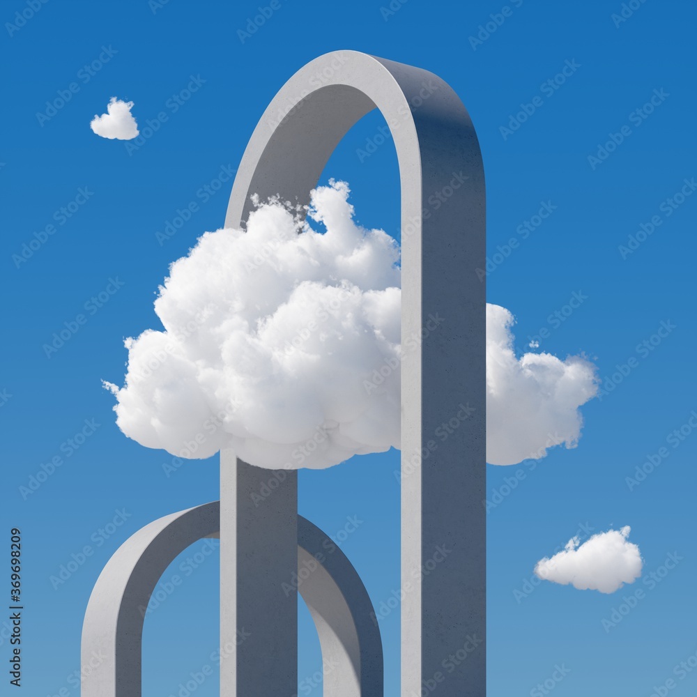 Poster 3d render, abstract cloudscape on a sunny day, white clouds float under the round concrete arches on