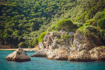  Azure water. Cliffs of the island. Greek landscapes. - 369698297