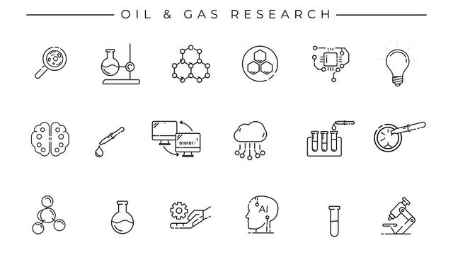 Oil & Gas Research line icons on alpha channel.